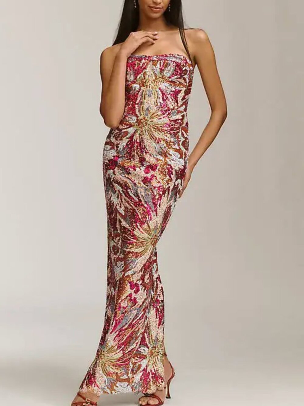 Bronx and Banco Sequin Dahlia Maxi Dress XS/S/M Red Strapless Stretch